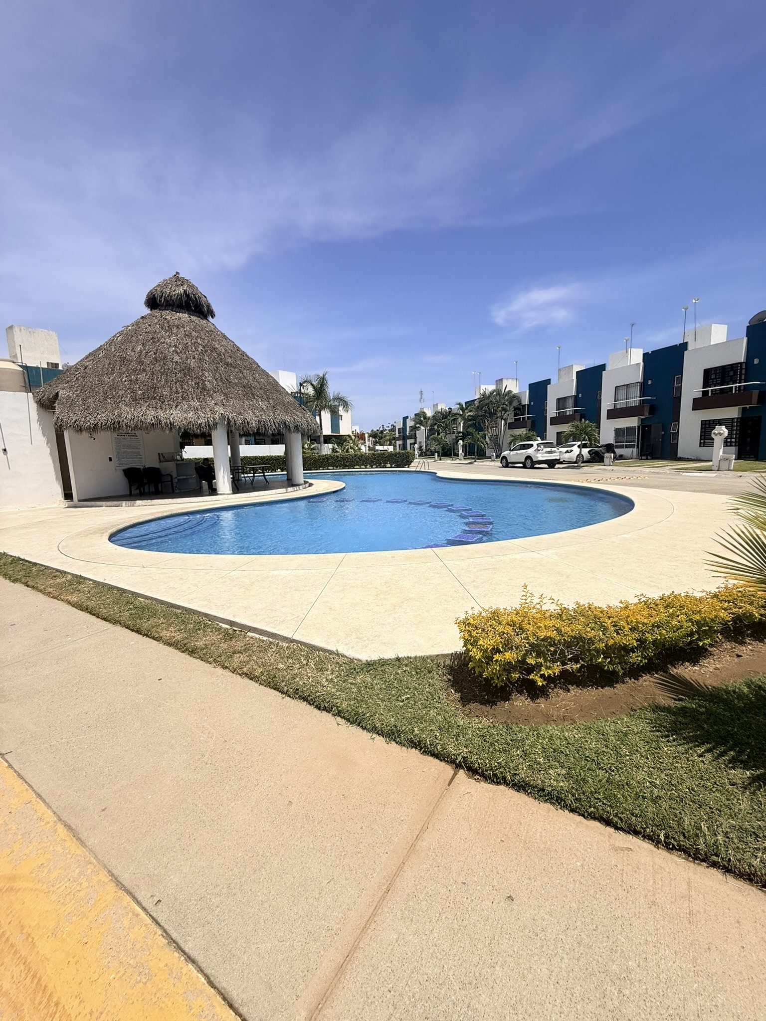 Alberca con palapa de conjunto residencial